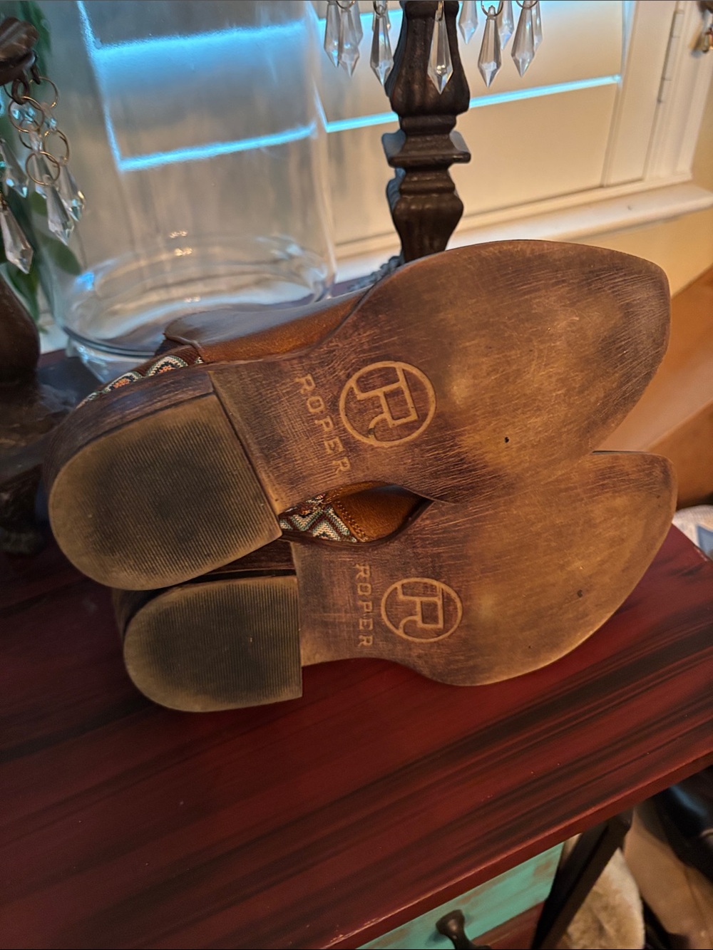 Roper Tan Leather Ankle Booties with Patterned Heel - Picture 9 of 9